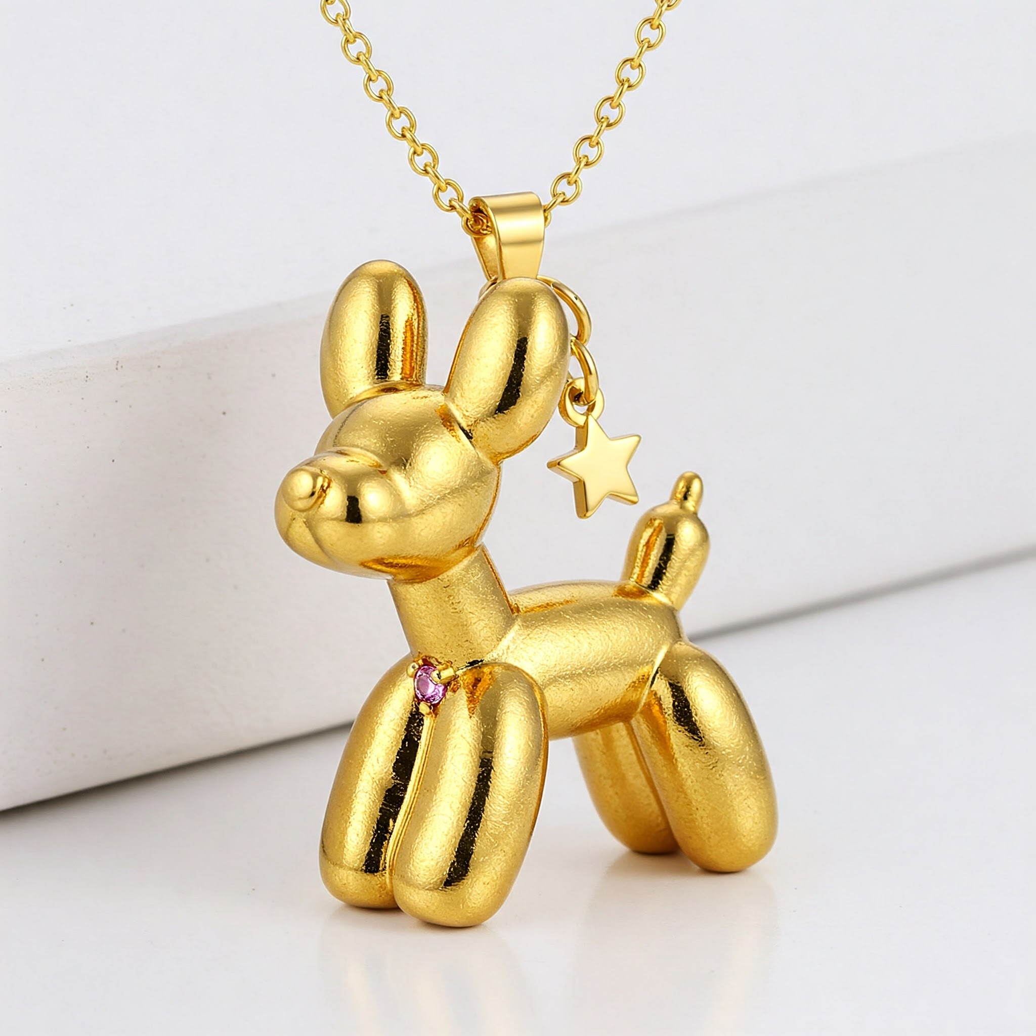 Gold Stainless Steel Balloon Dog Pendant Necklace with Pink Gemstone and Star Charm